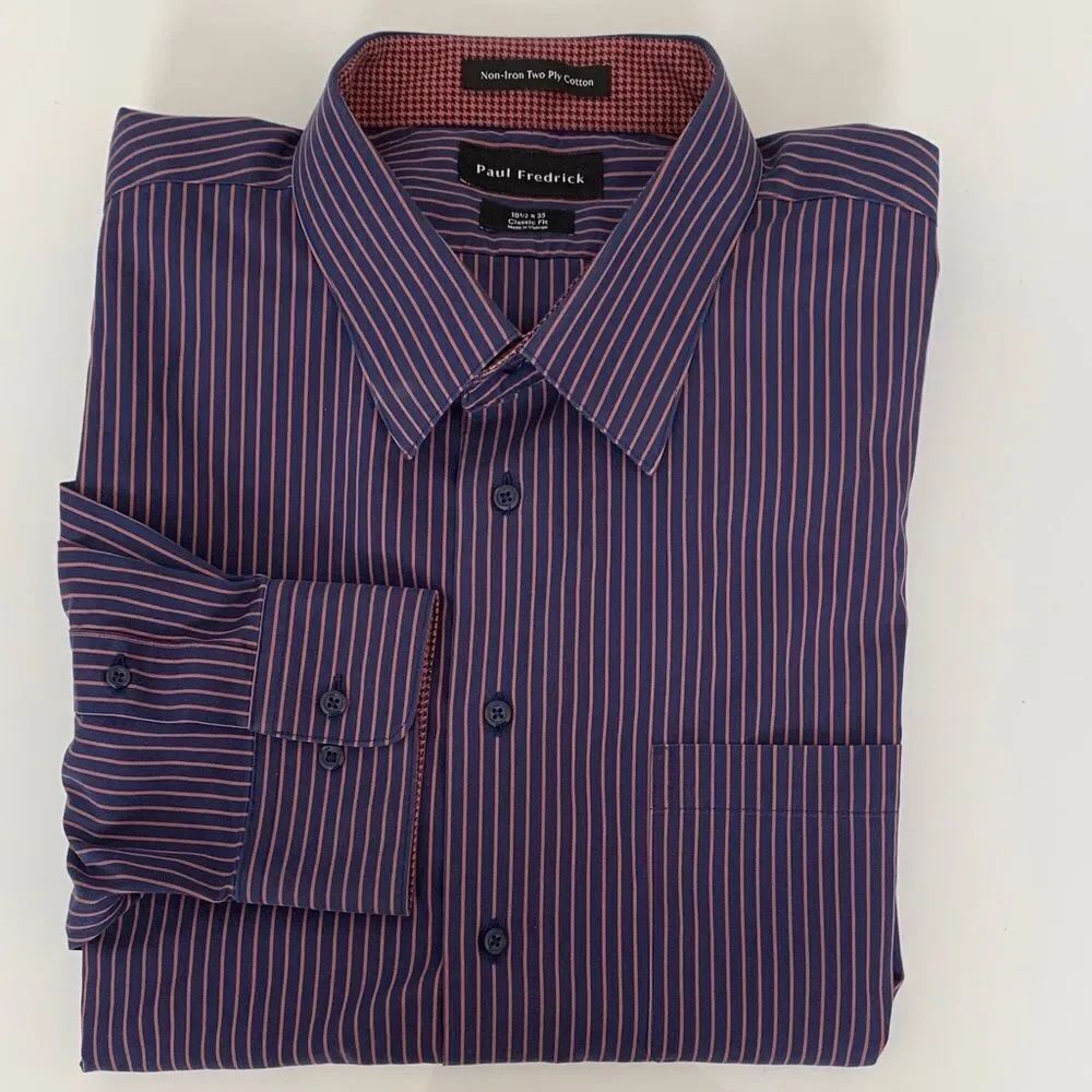 Paul Fredrick Classic Fit Two Ply Cotton Men’s Striped Dress Shirt Size 18,5/35